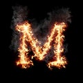 Letter M burning in fire with smoke, digital art isolated on black background, a letter from alphabet set Royalty Free Stock Photo