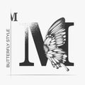 Letter M with butterfly silhouette. Monarch wing butterfly logo template isolated on white background. Calligraphic hand drawn Royalty Free Stock Photo