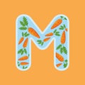 Letter M Carrot Icon Design Vector Template. Carrot Logo Based Alphabet. Vector isolated image of carrot on orange Royalty Free Stock Photo