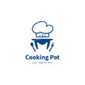 Letter M cooking pot logo icon symbol, cooking pot in letter M shape with chef hat, spoon, and fork icon symbol vector Royalty Free Stock Photo