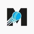 Letter M Cricket Logo Concept With Moving Cricket Ball Icon. Cricket Sports Logotype Symbol Vector Template Royalty Free Stock Photo