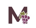 letter m with grapes. fruit and organic food text logo. gardening, winemaking and harvest design