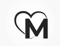 Letter m and heart. decorative initial letter for valentine`s day design. romantic and love symbol
