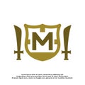 Letter M inside a shield and a sword with a classic medieval style. classic elegant logo template