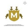 Letter M inside a shield and a sword with a classic medieval style. classic elegant logo template