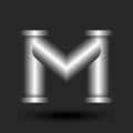 Letter M logo monogram 3d metallic line pipe shape construction with flanges, silver colored creative typography identity,