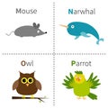 Letter M N O P Mouse Narwhal Owl Parrot Zoo alphabet. English abc with animals Education cards for kids White background Royalty Free Stock Photo