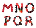 letter m n o p q r from raspberry, red strawberry, green leaf, blueberry, blackberry. berry letters for waffle dessert,