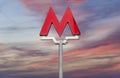 Letter M - the symbol of the Moscow Metro on sky background, Russia