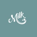 Letter M with tail and drops. Beauty lettering. Milk product vector logo.