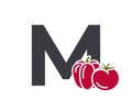 letter m with tomato and bell pepper. vegetable and organic food text logo. harvest and agriculture design