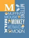 Letter M words typography illustration alphabet poster design