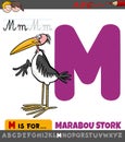 Letter M worksheet with cartoon marabou stork bird