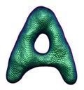 Letter A made of natural green snake skin texture isolated on white.