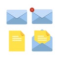 Letter in mail envelope in blue colors. Set of vector illustrations. Mailbox notification or email message icons receiving emails