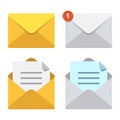 Letter in mail envelope. Mailbox notification or email message icons. Open or closed letters postal envelopes vector set Royalty Free Stock Photo