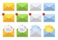 Letter in mail envelope. Set of illustrations. Mailbox notification or email message icons. Royalty Free Stock Photo