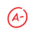 Letter A minus test score, red letter grade mark, vector illustration design