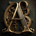 Letter A monogram. Nice wrought iron letter, entwined by floral pattern. Metallic, brown, gold symbol. AI generative