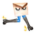 Letter monster with eyes running in boots with heels watercolor illustration