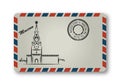 Letter from Moscow with the Kremlin tower painted. Stylization.