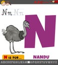 Letter N from alphabet with cartoon nandu bird animal character