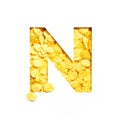 Letter N of alphabet made of bio cereals corn flakes and paper cut isolated on white. Typeface for healthy food store