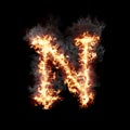 Letter N burning in fire with smoke, digital art isolated on black background, a letter from alphabet set Royalty Free Stock Photo