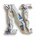 Letter N from crumpled newspaper on a clean white background. Fashion scrapbook lettering concept. Generative AI