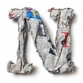 Letter N from crumpled newspaper on a clean white background. Fashion scrapbook lettering concept. Generative AI