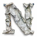 Letter N from crumpled newspaper on a clean white background. Fashion scrapbook lettering concept. Generative AI