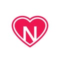 Letter N heart logo, initial N love logo icon