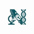 Letter N logo with a microscope, DNA helix, and cellular elements for science Royalty Free Stock Photo