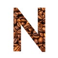 Letter N made from coffee beans isolated on white background