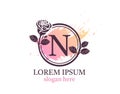Letter N monogram logo. Circle floral style with beautiful roses. Feminine Icon Design