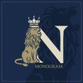 Letter N with Roaring Lion. Artistic Design. Crown is at the Top. Creative Logo with Royal Character. Luxury Style. Silhouette of