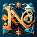 Letter N with stylized fish and shells. Vector Illustration. Generative AI