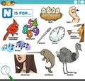 Letter n words educational set with cartoon characters