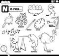 Letter n words educational set coloring book page Royalty Free Stock Photo