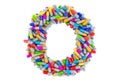 Letter O from colored capsules. 3D rendering