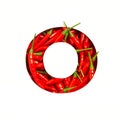 Letter O of English alphabet of hot red chili pepper and cut paper isolated on white. Font of spicy vegetables