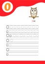 Letter O with a picture of owl and seven lines of letter O writing practice. Handwriting practice and alphabet learning
