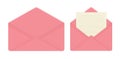 Letter in open pink envelope, blank sheets of paper, empty envelope.