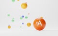 Letter A on an orange ball, alphabet, educational game for children. Round pill of vitamin, retinol, beta carotene