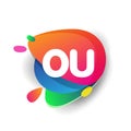 Letter OU logo with colorful splash background, letter combination logo design for creative industry, web, business and company