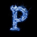 Letter P. Blue fire flames on black