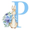 Letter P blue with watercolor cute rabbit with flowers