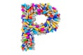 Letter P from colored capsules. 3D rendering