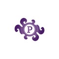 Letter P Decorative Brooch Alphabet Logo Isolated On White Background. Elegant Curl & Floral Logo Concept. Luxury Amethyst Initial