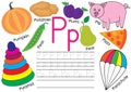 Letter P. English alphabet. Education for children. Writing practice with pictures. Royalty Free Stock Photo